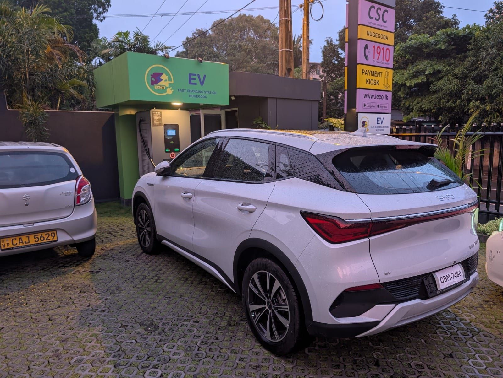 A modern electric vehicle at a LECO fast charging station in Nugegoda
