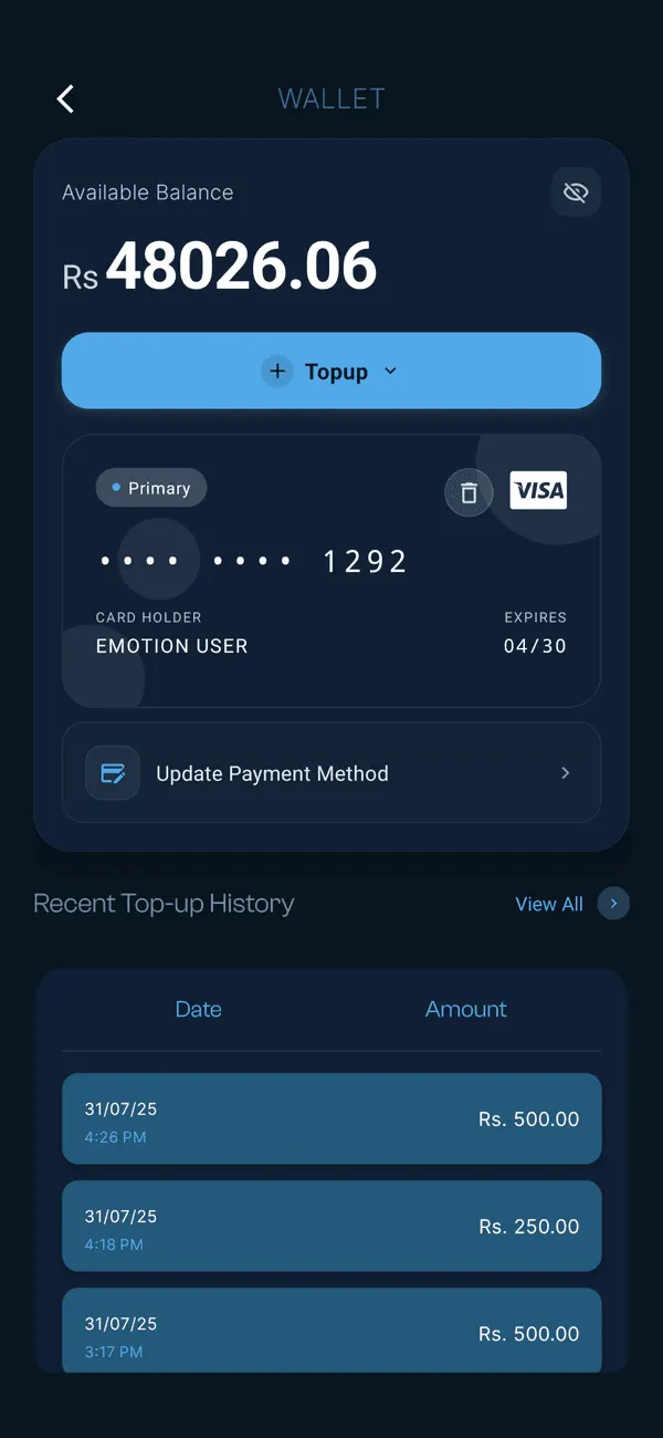 Wallet screen in the eMotion Charging app
